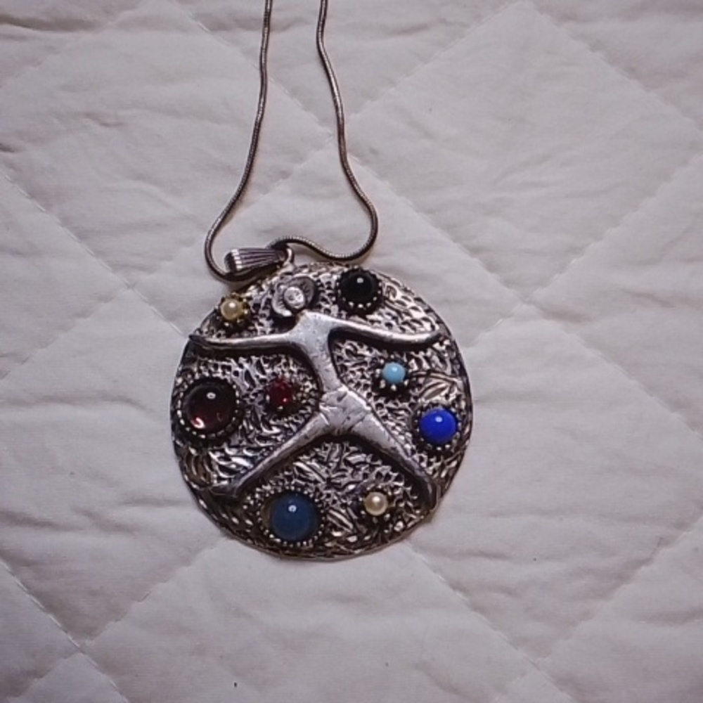 Large Silver Medallion Pendant Necklace With Lady & Cabochon Accents